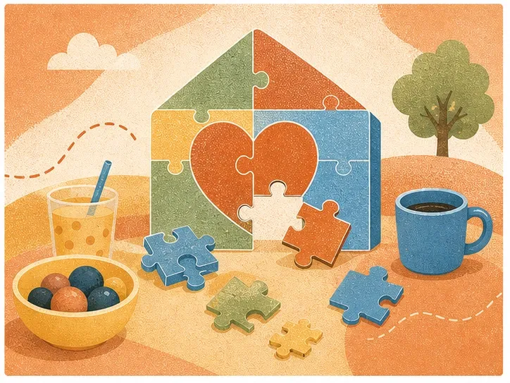 Warm family puzzle scene with a puzzle-piece house, heart centre, bowls, mugs, and loose pieces for intergenerational puzzling.