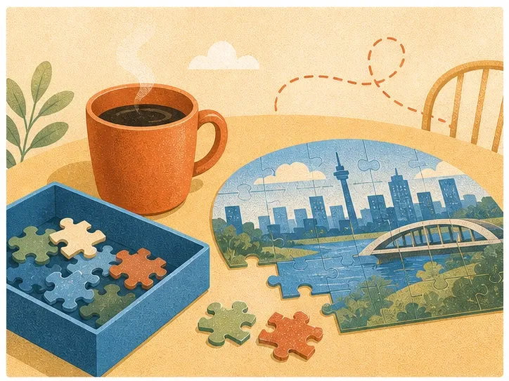 Cafe table puzzle scene with a terracotta mug, puzzle box, Calgary skyline puzzle, and loose pieces for casual recreational puzzle nights.
